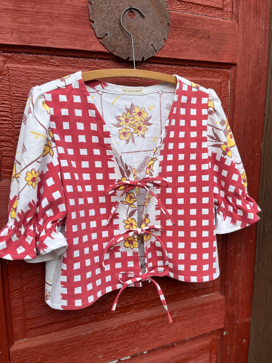 Dutch Coastal Vibes Tie Front Top With Puff Sleeves