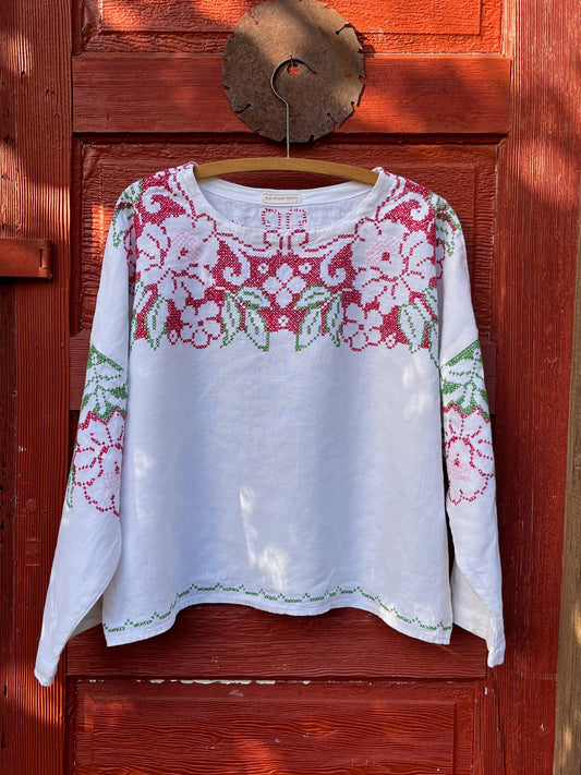 Linen Cross Stitch Longsleeve Oversized Top Upcycled From a Vintage Tablecloth