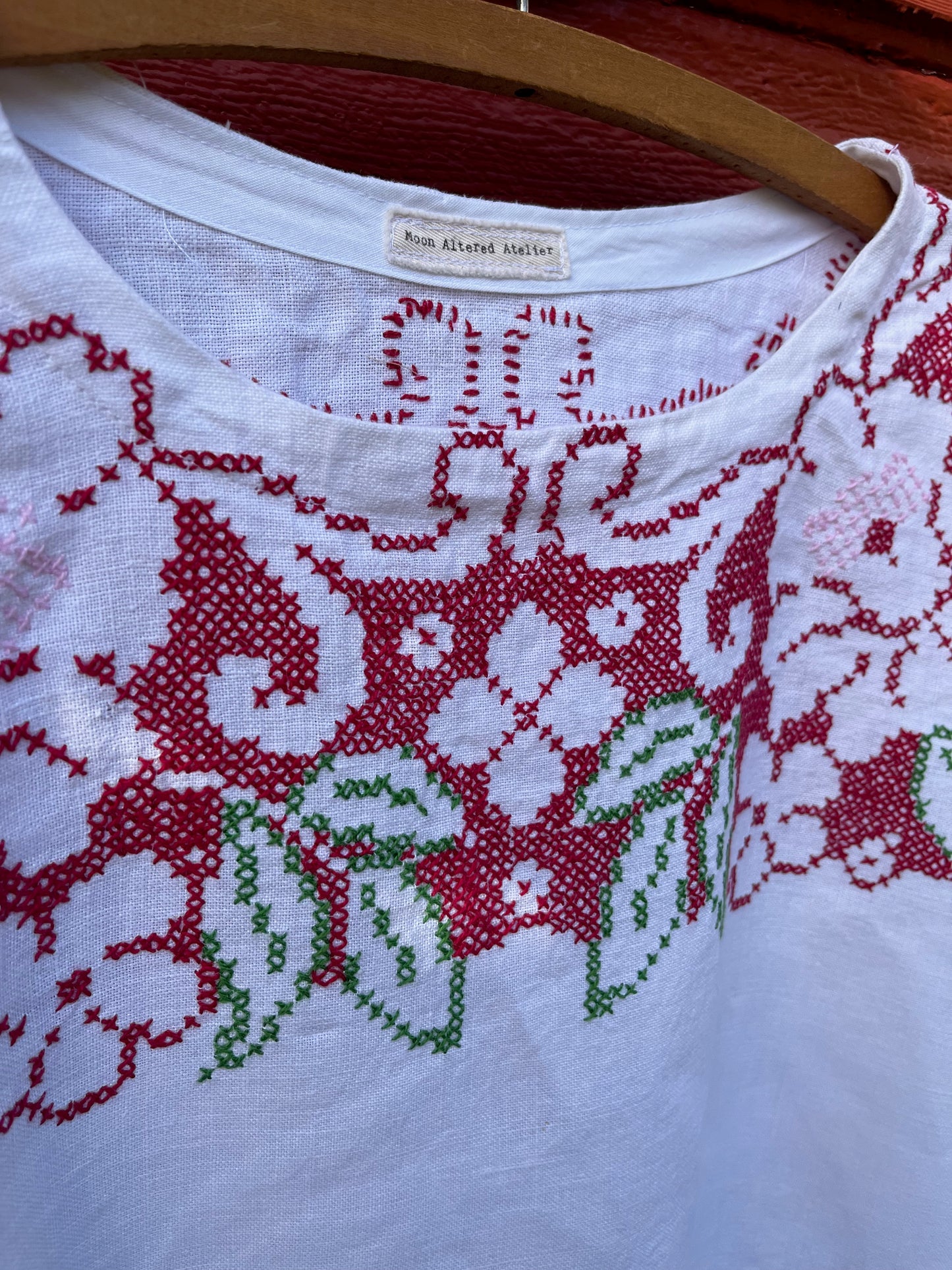 Linen Cross Stitch Longsleeve Oversized Top Upcycled From a Vintage Tablecloth