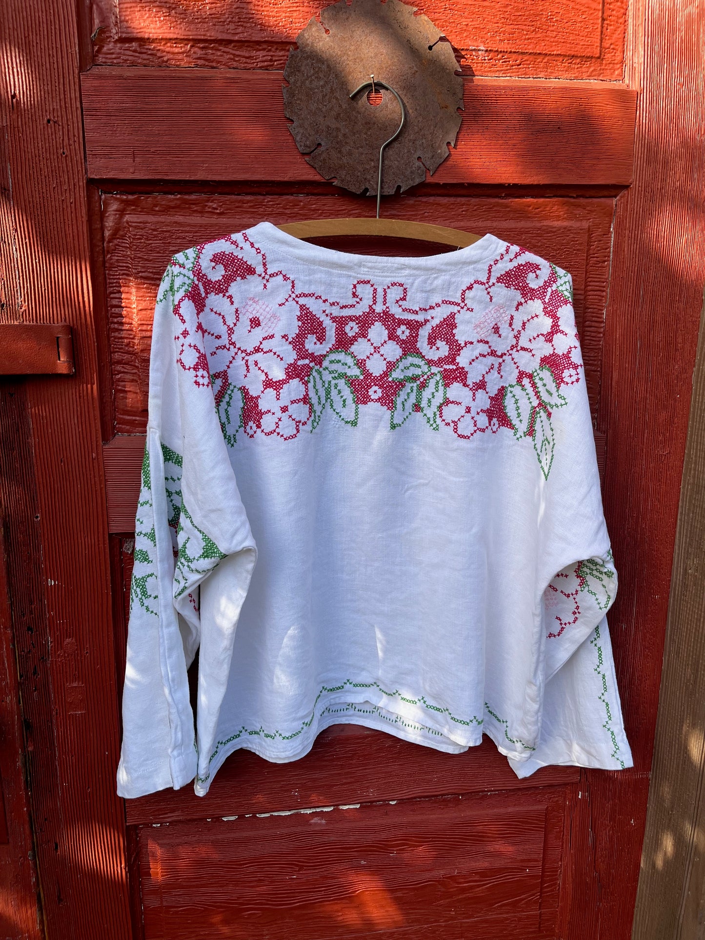 Linen Cross Stitch Longsleeve Oversized Top Upcycled From a Vintage Tablecloth
