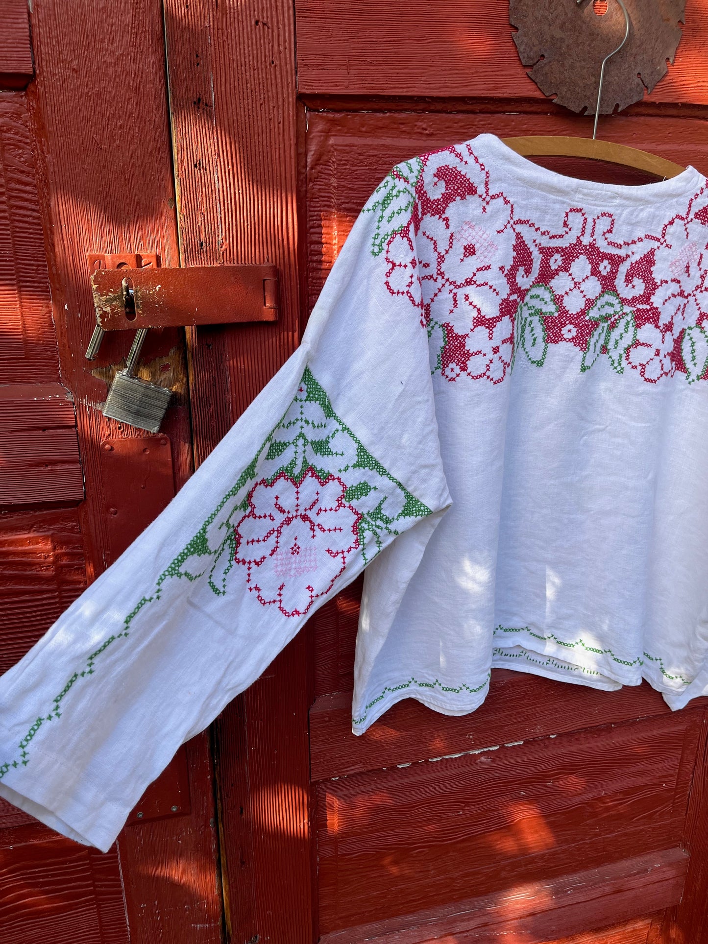 Linen Cross Stitch Longsleeve Oversized Top Upcycled From a Vintage Tablecloth